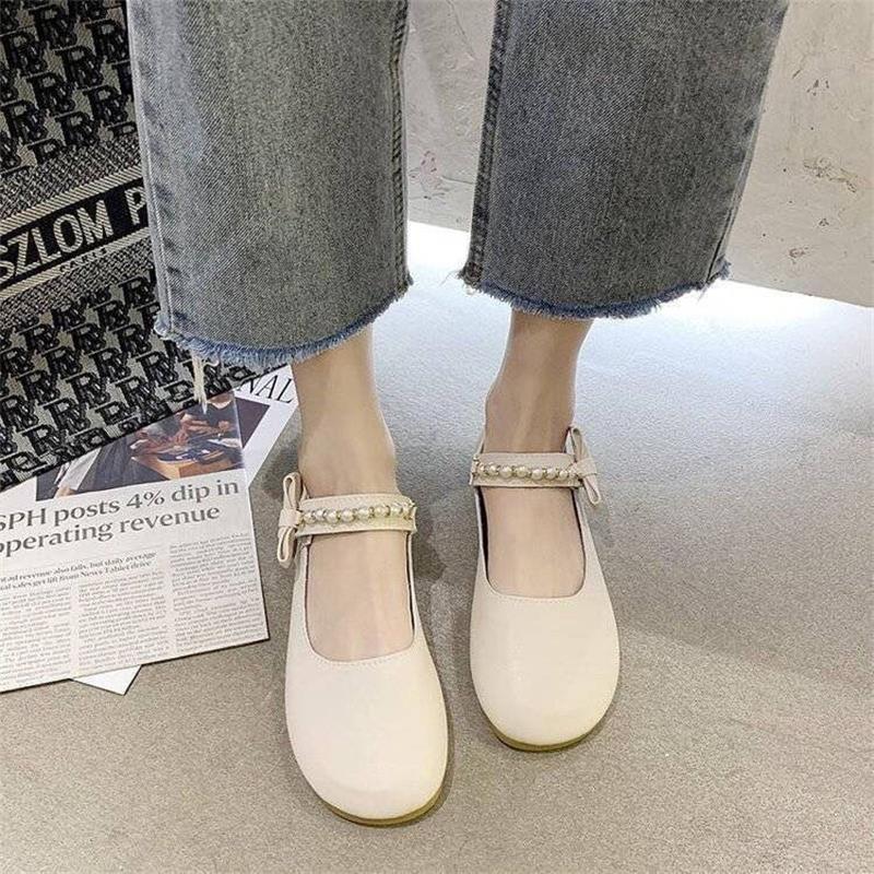 Туфли-лодочки с жемчугом на плоской подошве в стиле феи, женские, лето 2025, новые, универсальные, Мэри Джейн, студенческие, ленивые туфли-бини