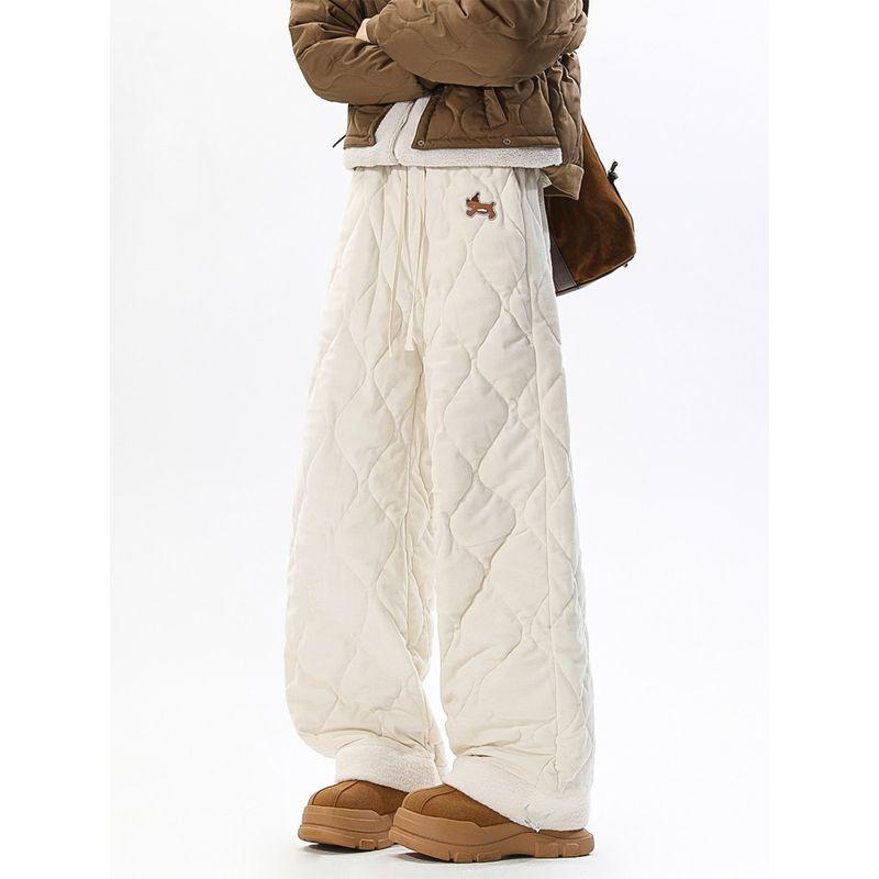 Мужские стеганые теплые хлопковые брюки в американском стиле, зимние брюки прямого кроя с вышивкой таксы, винтажные свободные повседневные брюки на флисовой подкладке