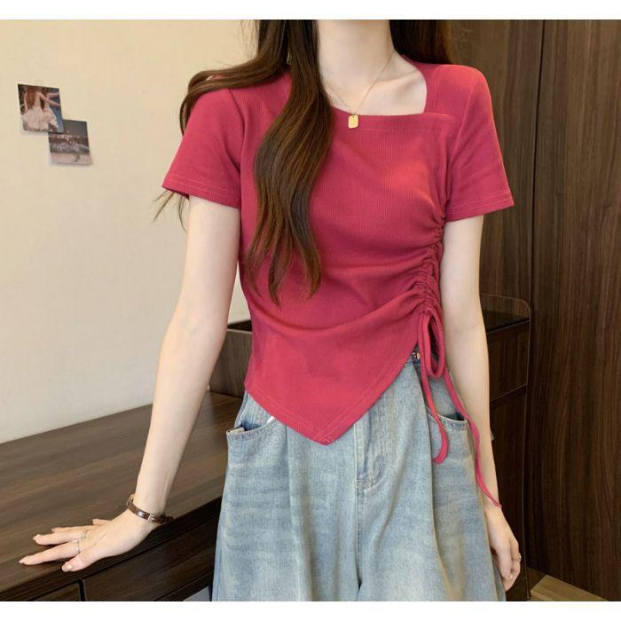 Футболка с короткими рукавами и неровной завязкой, женская летняя, большого размера, Fat Mm Thin Covering Meat Chic Sweet and Spicy, короткий топ с квадратным воротником