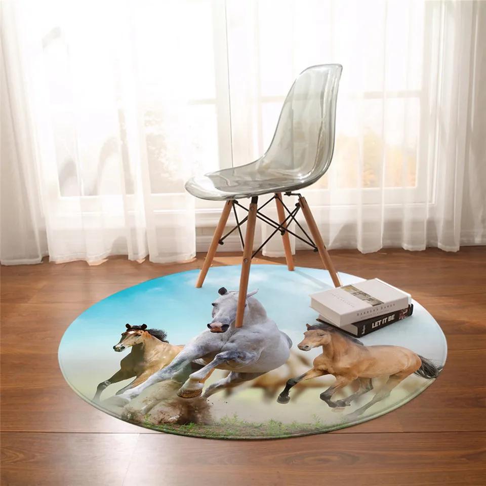 Круглый ковер 3D с бегущими лошадьми, нескользящий коврик, роскошный ковер с изображением диких лошадей для игровой комнаты, спальни
