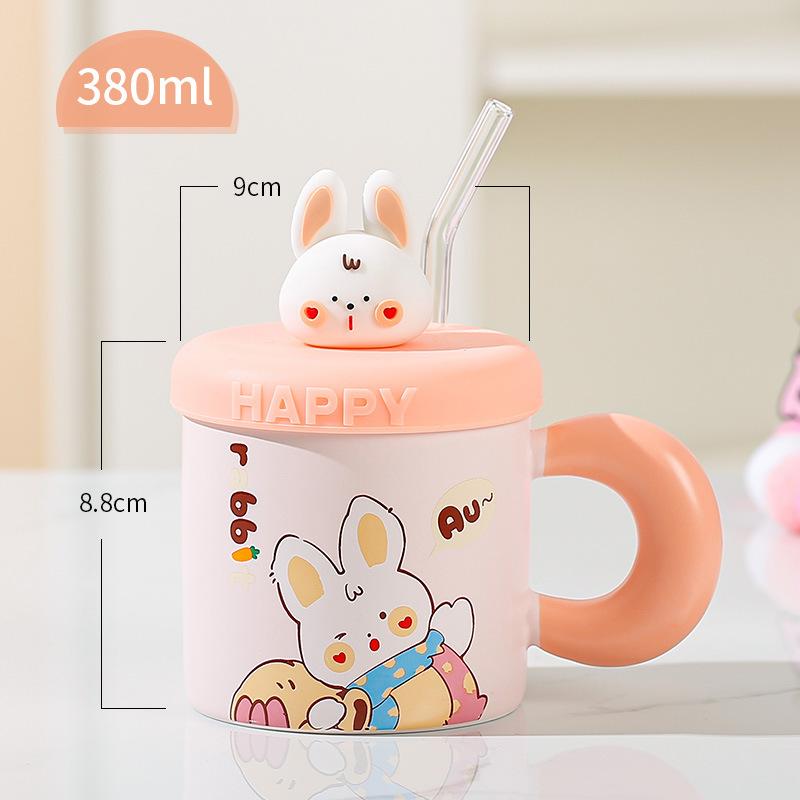 Милый кролик с крышкой и соломенной чашкой, мультяшная дорогая большая емкость, сувенирная кружка для девушек и пар, керамический набор чашек