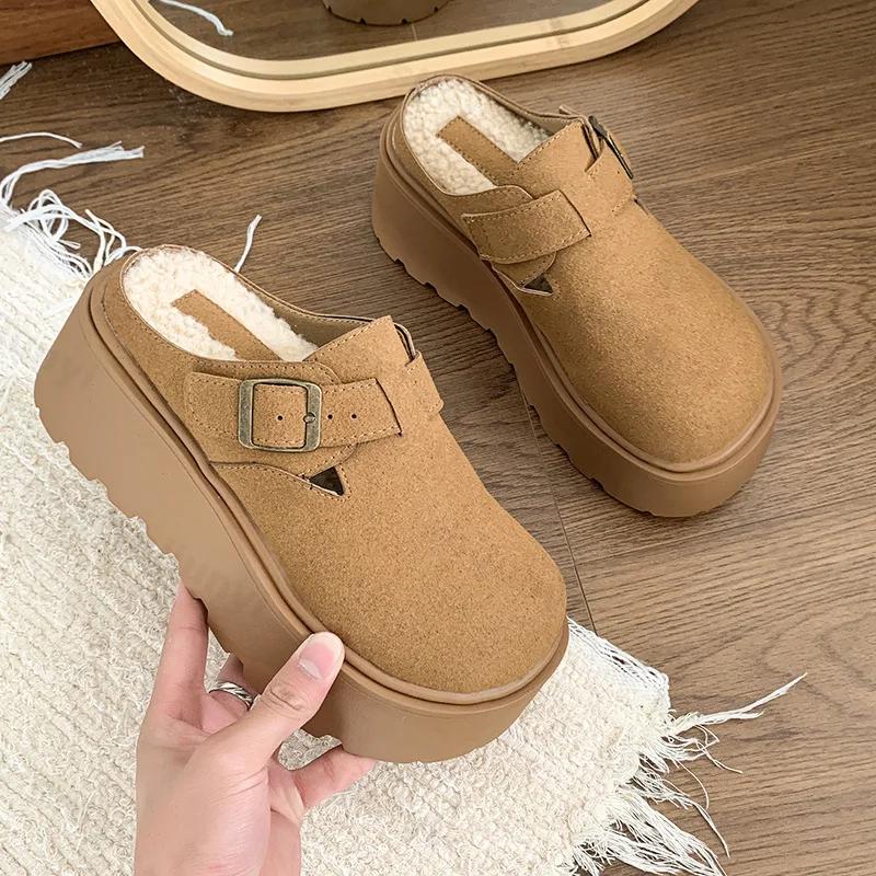 Fashion Winter Platform Slippers Women 2025 New Warm Fur Mules Slippers Fashion Slip On Slides Comfort Casual Home Female Cotton Shoes
