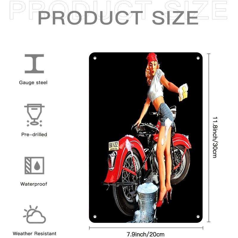1 piece: Retro-style motorcycle and beautiful woman tin painting, living room/bar wall decoration, creative home wall decoration