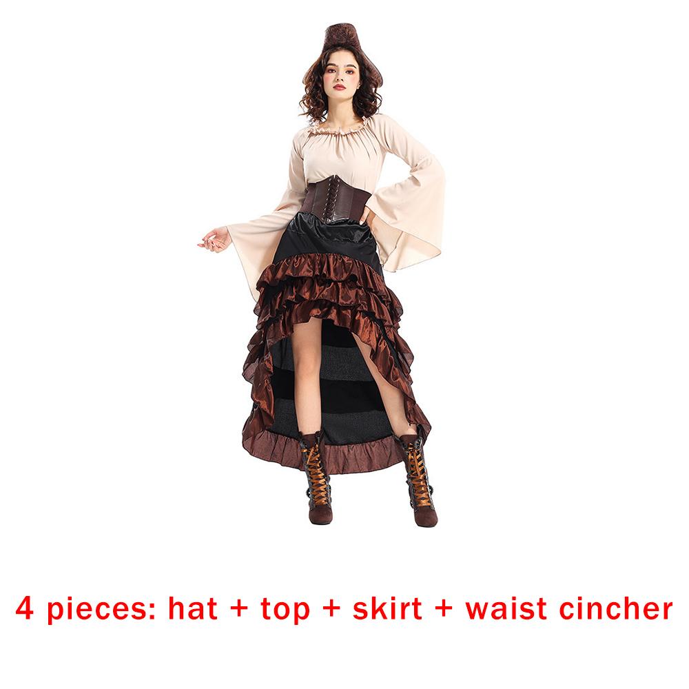 Halloween Pirate Cosplay Costume Set Medieval Vintage European Flanged Triangular Hat Lace-up Corset Top Midi Skirt Sailor Suit