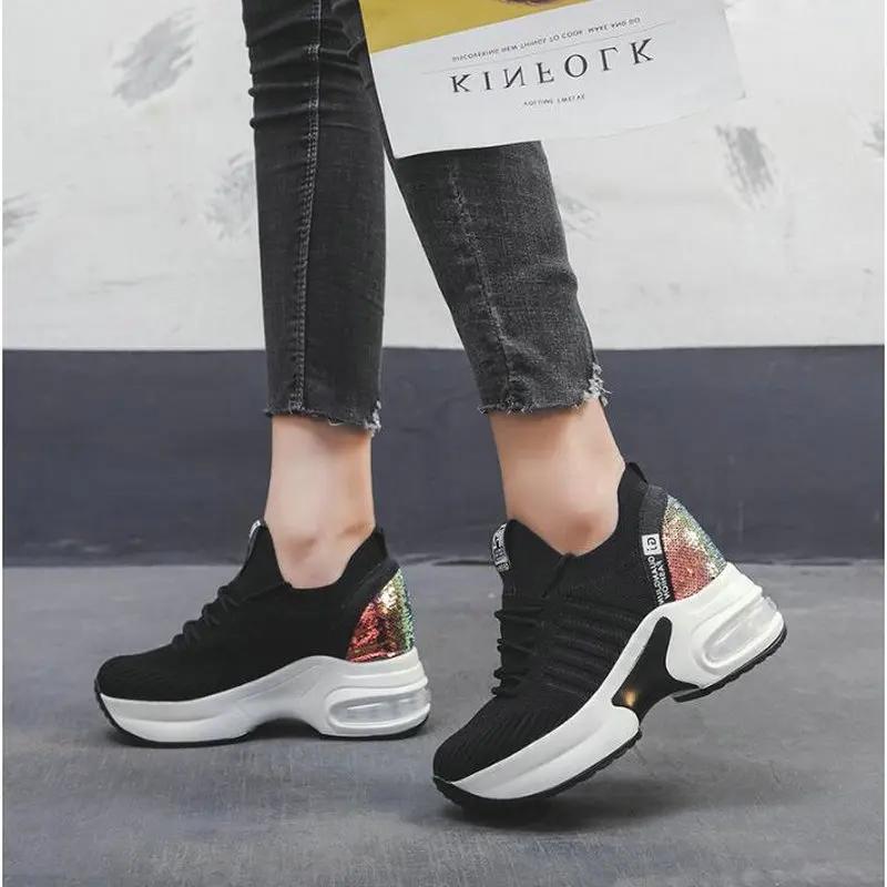 Высококачественные женские кроссовки с блестками и толстыми каблуками, повседневные туфли на танкетке Zapatillas Mujer 2019