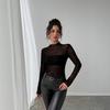 Осенне-зимний топ с высоким воротником, облегающий, подчеркивающий фигуру, с длинным рукавом, сетчатая основа, универсальный женский топ, модный, повседневный, облегающий крой, элегантный женский топ