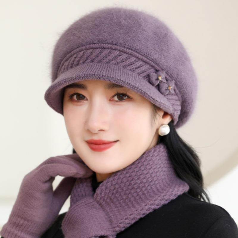 Elegant Winter Beanie for Women - Cozy Knit with Floral Accent, Perfect for Middle-Aged & Elderly, Stretch Fit, Hand Washable