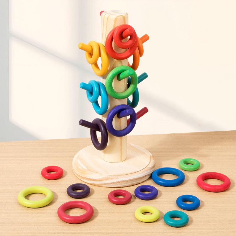 Rainbow Wooden Stacking Rings for Kids - Interlocking Building Blocks with CE Certification