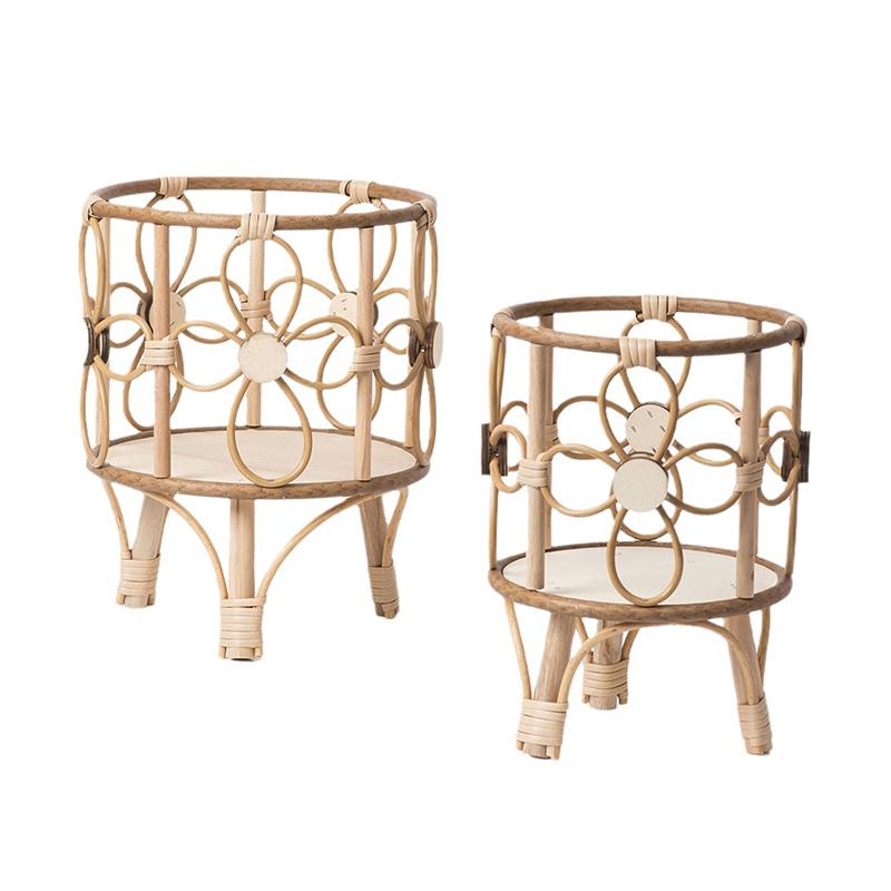 Hollow Flower Stand Hand-Woven Imitation Rattan Plant Tripod Stand Pastoral Flower Baskets Stand Balcony Planter With Wooden Leg