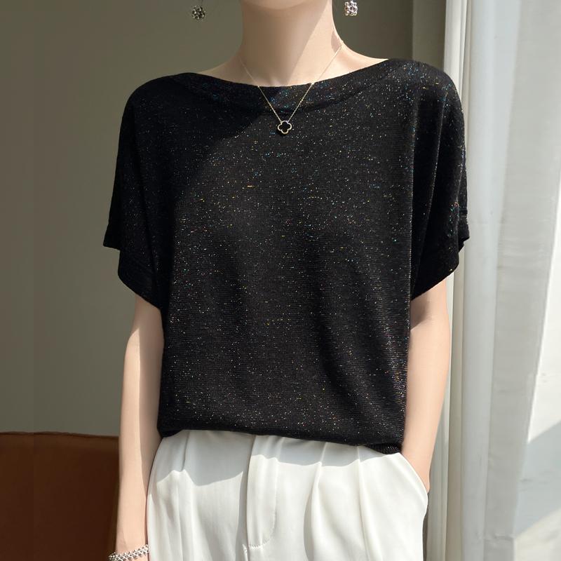 Women Knit T-shirt MODERN NEW SAGA Summer Knitted Shirt Short Sleeve Tees Slash Neck Pullover Knit Tops