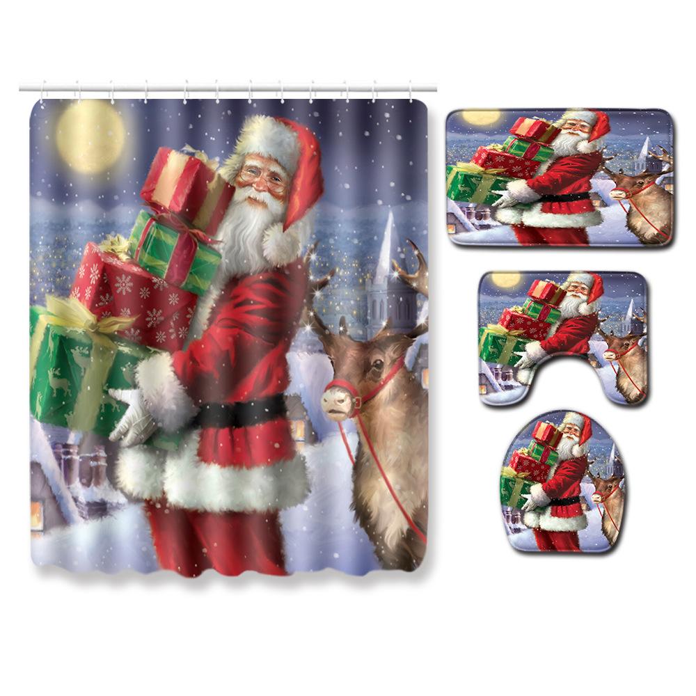 Christmas Shower Curtain Floor Mat Combination Four-Piece Set Bathroom Toilet Carpet Shower Room Mat Foot Mat