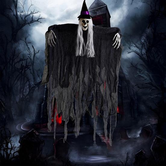 Halloween Hanging Skull Realistic Skull Ghost Decoration with Long Hair Poseable Wire Spooky Hanging Skeleton Prop for Halloween Party