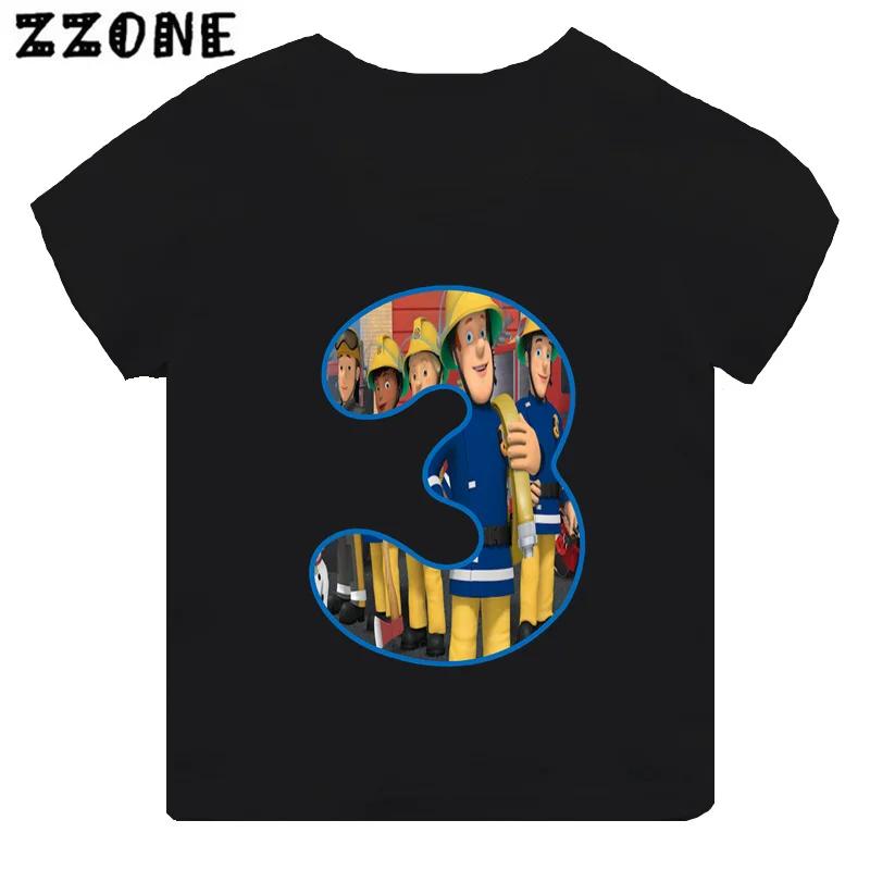 Fireman Sam Firefighter Print Cartoon Boys Clothes 1 2 3 4 5 6 7 8 9 Years Birthday Number Kids T shirt Cute Baby Girls TShirts