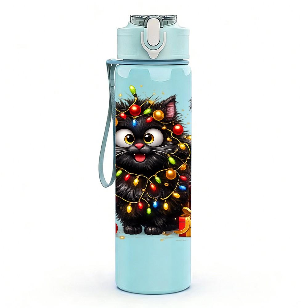 1PC Festive Gift Box Black Cat Cartoon Print 750ml Color Plastic Sports Water Bottle Leakproof Flip Straw Lid Suitable for Sports Office Home Use