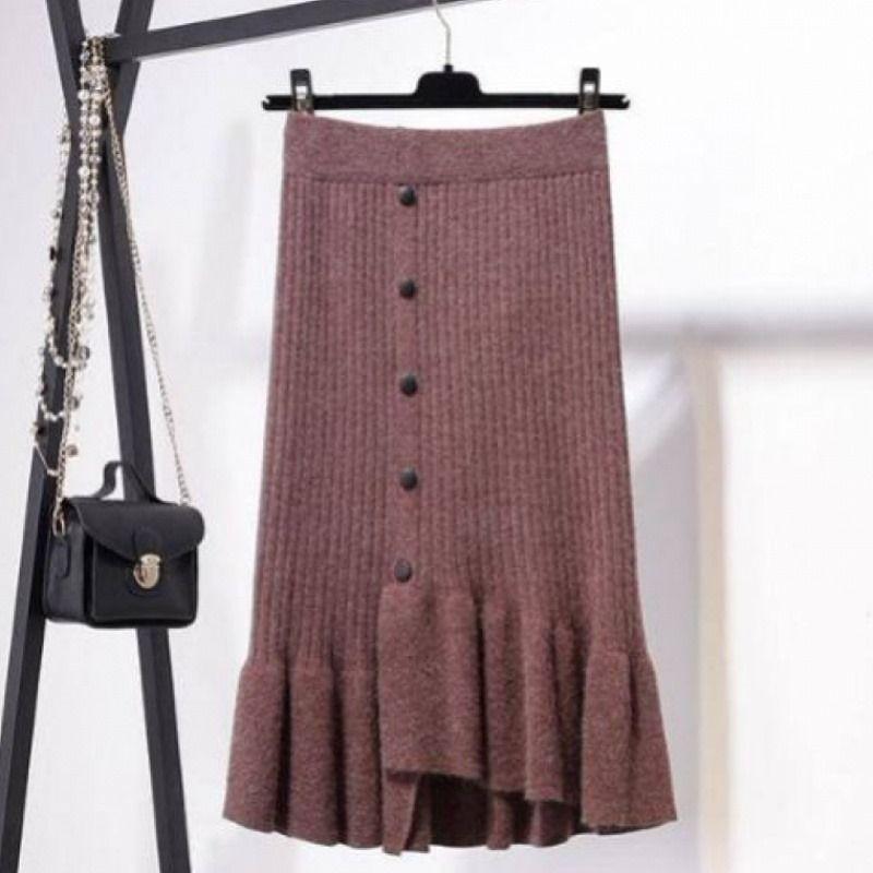 Thick Core Yarn Knitted Skirt Irregular Half Skirt Autumn and Winter High Waisted Hip Hugging Skirt Women's Ruffled Fish Tail Skirt