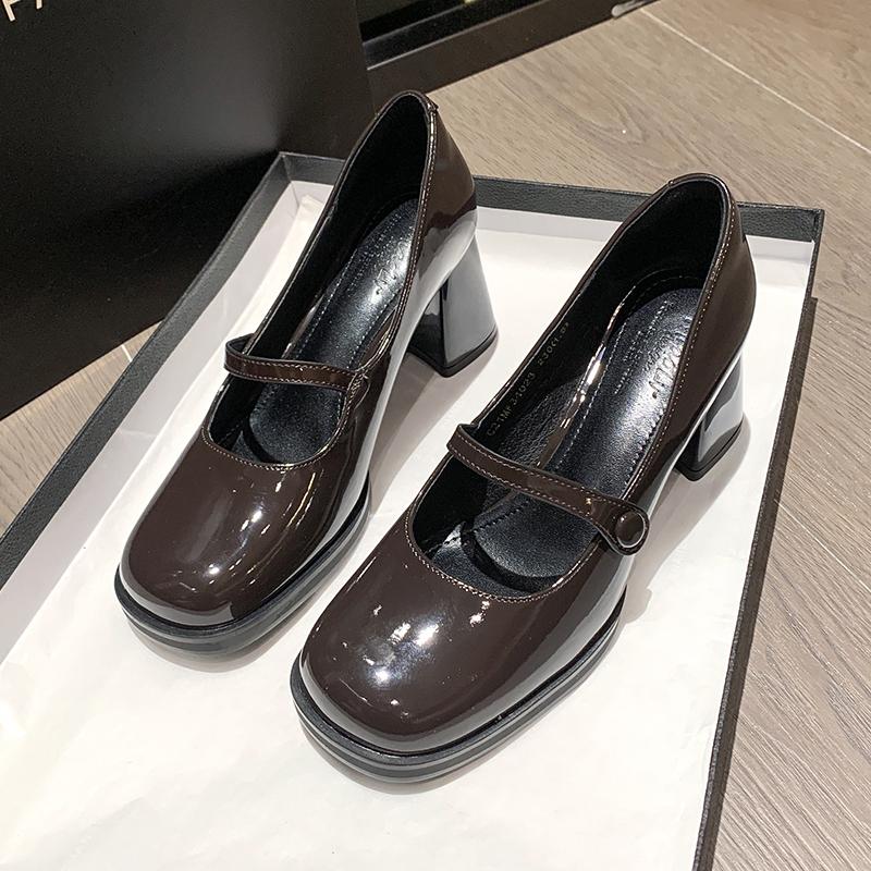 Модные весенние новые туфли на толстом каблуке женские модные с круглым носом с мелким вырезом водонепроницаемые противоскользящие износостойкие туфли на высоком каблуке