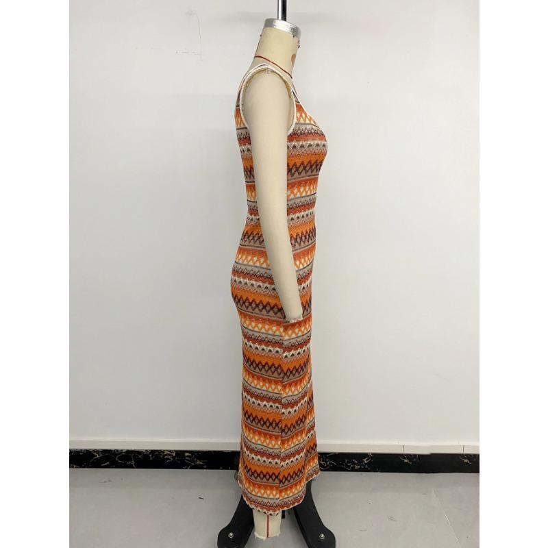 Женское праздничное повседневное платье-слип с разрезом, жаккардовое платье в геометрическую полоску