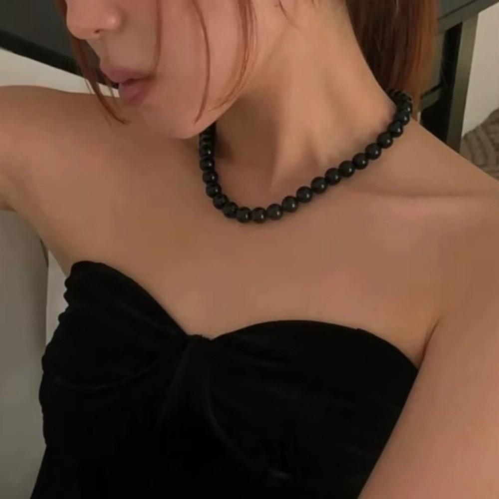 Copper Gold Black Agate Necklace Silver Plated Coin Buckle Chokers Imitation Pearl Necklace  Women
