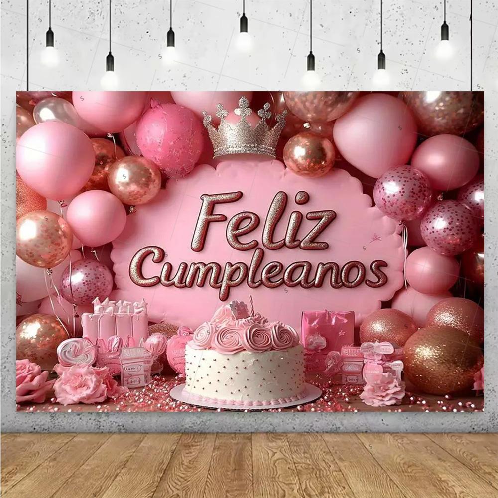 Happy Theme Background in Spanish, Party Decoration with Colored Globes, Background Banner, Gift for Children, Photo Session