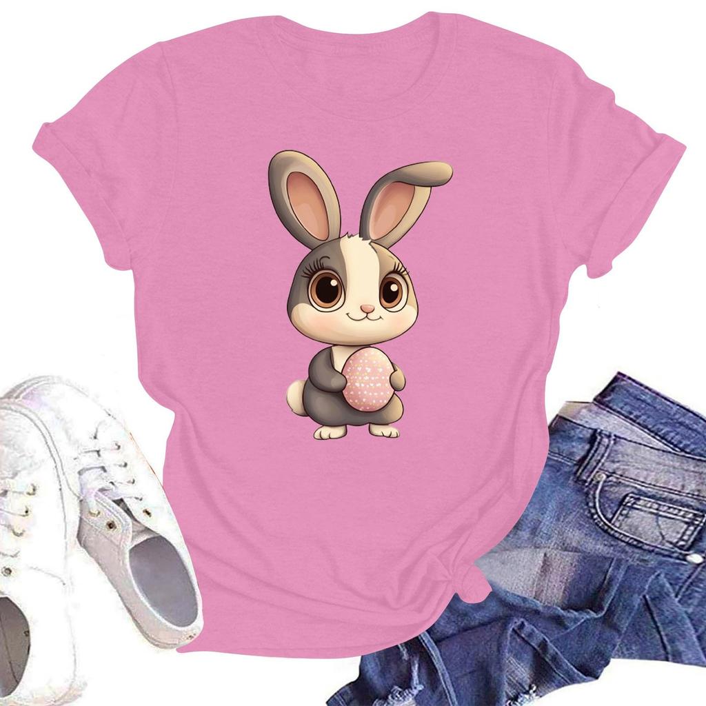 Happy Easter Women's Fashion Printed Round Neck Short Sleeve T-Shirt Pullover Top