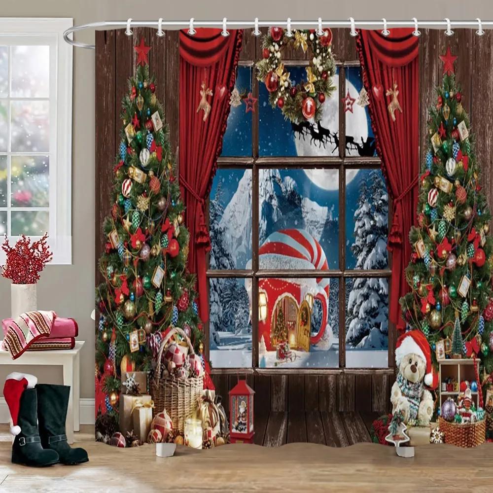 Рождественская вечеринка Занавески для душа Камин Рождественская елка и подарки Снеговик Снежная сцена Моющаяся занавеска для душа Арт Декор для ванной