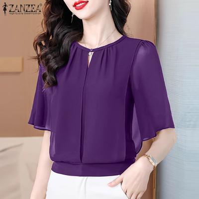 Женская летняя шифоновая блузка с рукавом три четверти и свободного кроя