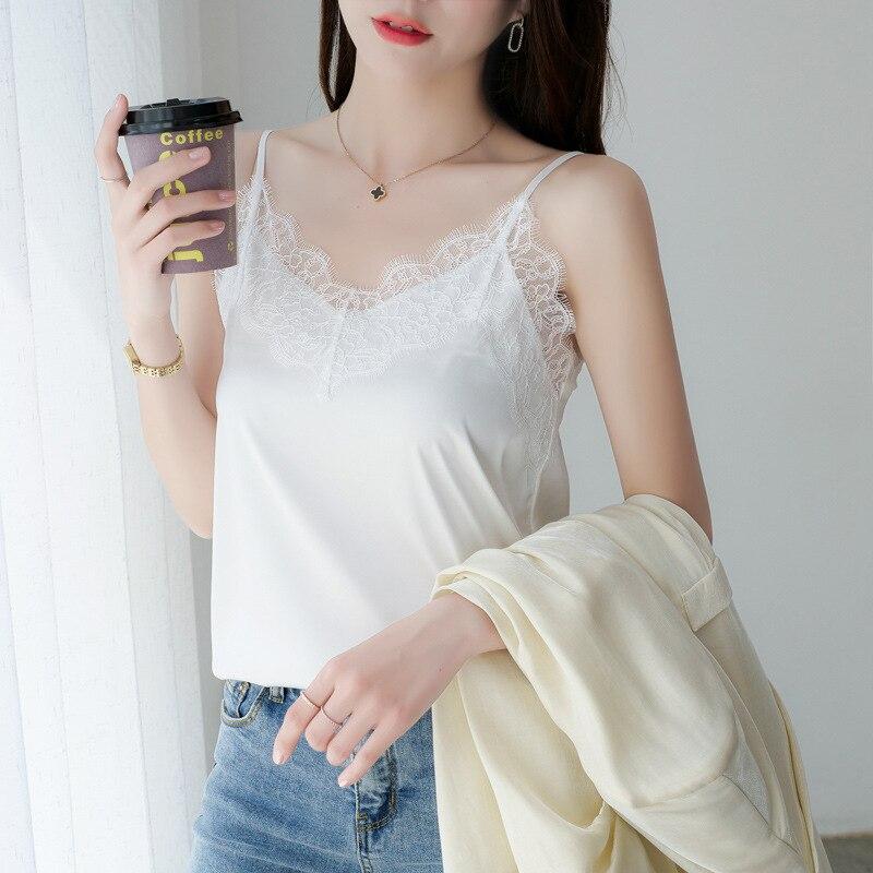 Casual Elegant And Youth Blouse For Women Fashion Lace Sexy Silk Top Summer Chic Solid Shirt V Neck Backless Satin Camis 25451