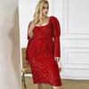 Slimming Women's Fashion Revealing Backpack Hip Dress Long Sleeve Sequin Long Dress