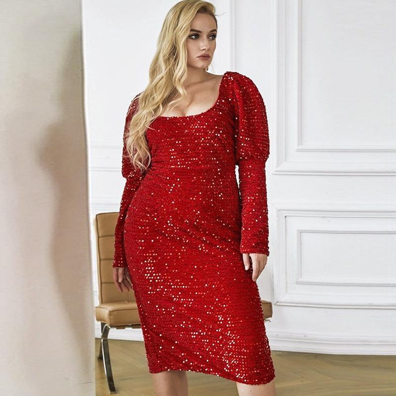 Slimming Women's Fashion Revealing Backpack Hip Dress Long Sleeve Sequin Long Dress