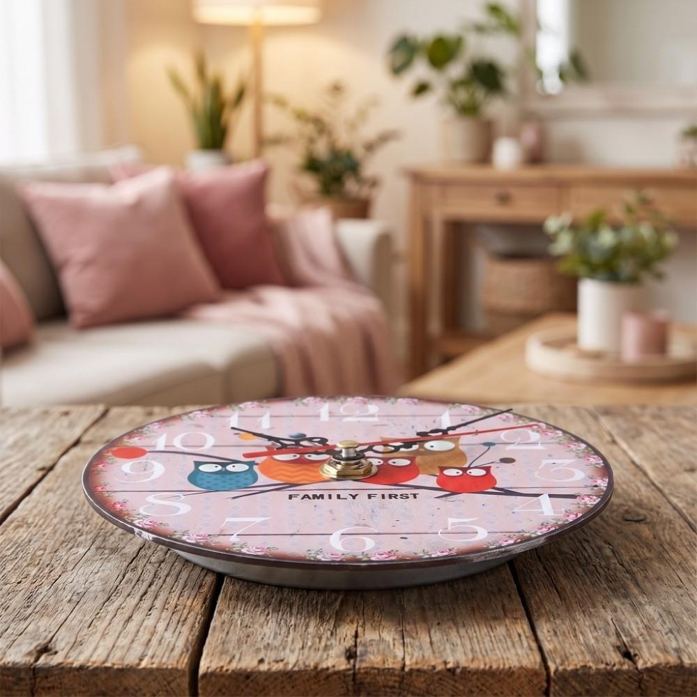 Oil Painting Design Round Wall Clock 4.72in Owl Pattern Clock Wooden Wall Clock Home Decoration