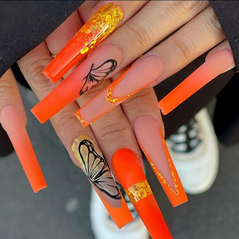 Nail art sticker practice nail 24 pieces long, bright black butterfly popular Internet celebrities with the same nali wear nail wholesale