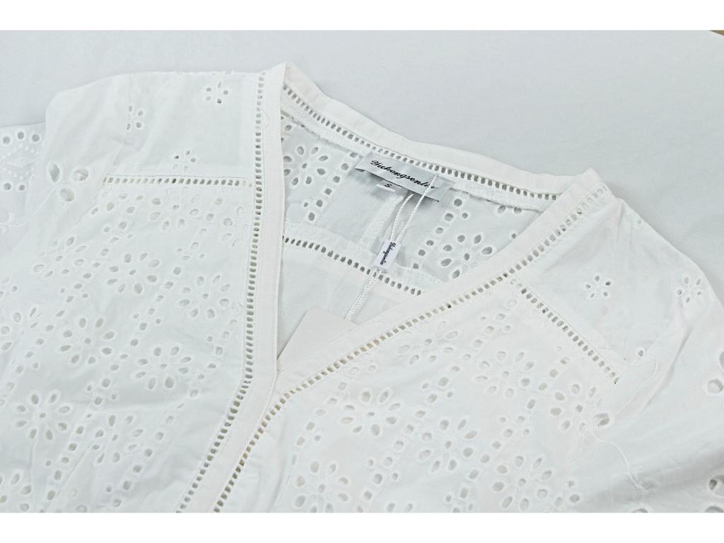 Весна/Лето 2025 Женское Белое Платье из Чистого Хлопка с V-образным вырезом А-силуэта - F2075