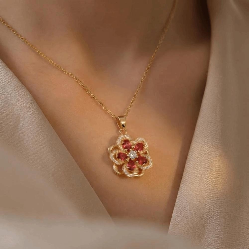 Crystal Zircon Pendant Necklace Shiny Petal Gold Necklace Rotatable Flowers Choker Date Night