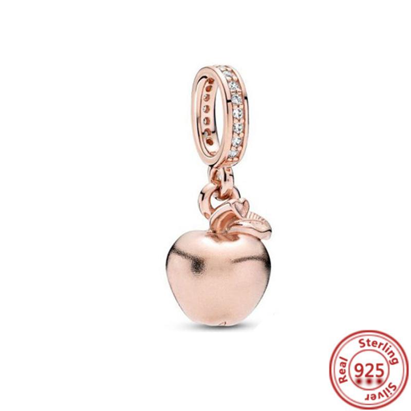 Hot Sale Rose Gold Series Pink Zircon Leaves Heart Pendant Sparkling Clip Bead Fit Charm Bracelet DIY S925 Silver Jewelry