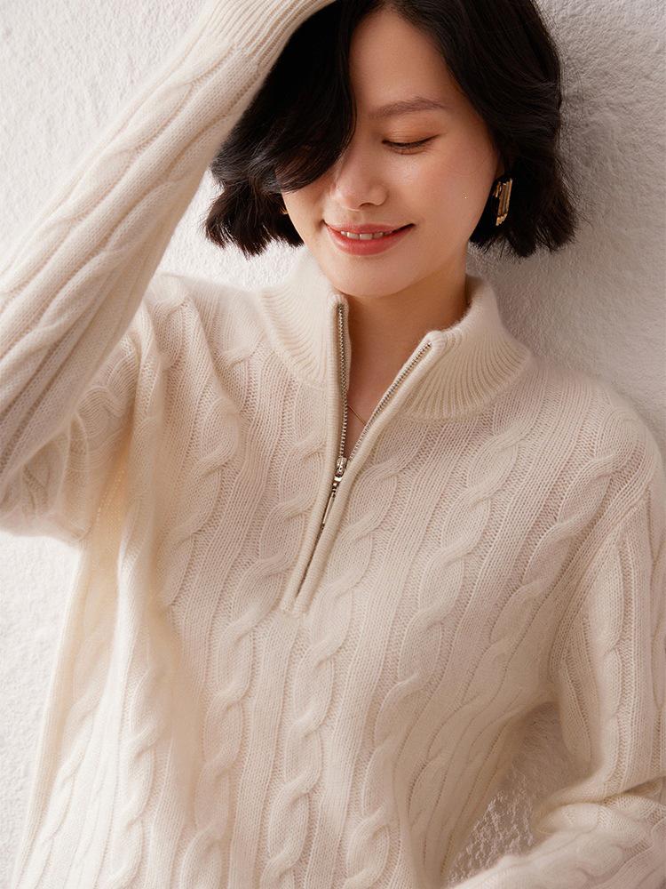 Women's Thickened Cashmere Stand Collar Cable Knit Zipper Sweater - Soft, Warm, Autumn/Winter Casual Wear