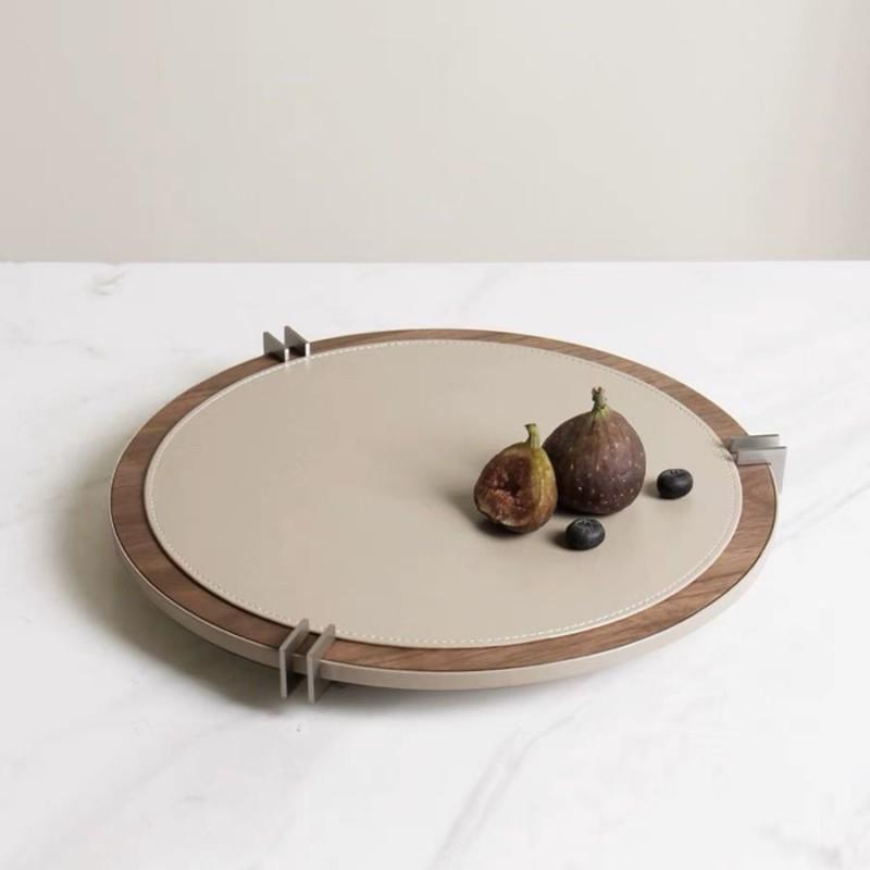 Modern Minimalist Walnut Wood Leather Hair-on-Hide Round Tray Decorative Desktop Organizer Living Room Bedroom Office