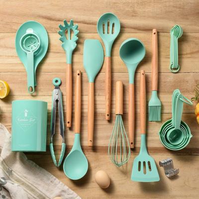Набор из 32 предметов силиконовой посуды с антипригарным покрытием, деревянная ручка, лопатка, венчики для взбивания яиц, кухонные принадлежности, кухонные принадлежности