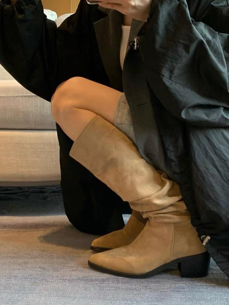 Сапоги женские выше колена 2024 Новые рыцарские сапоги Осенние и зимние женские сапоги Рыцарские сапоги на грубом каблуке Плиссированные ворсовые сапоги Сапоги Сапоги