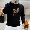 Men's Korean Style Year of the Horse Red Coral Fleece Hoodie, Thickened, Loose Fit, Pure Cotton, Round Neck, Autumn/Winter