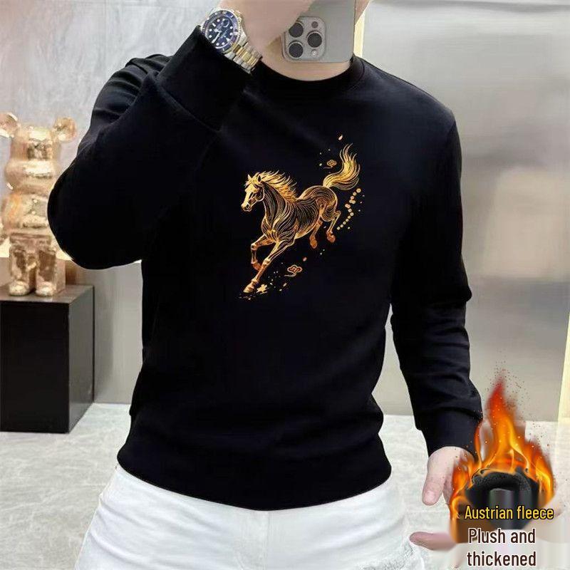 Men's Korean Style Year of the Horse Red Coral Fleece Hoodie, Thickened, Loose Fit, Pure Cotton, Round Neck, Autumn/Winter