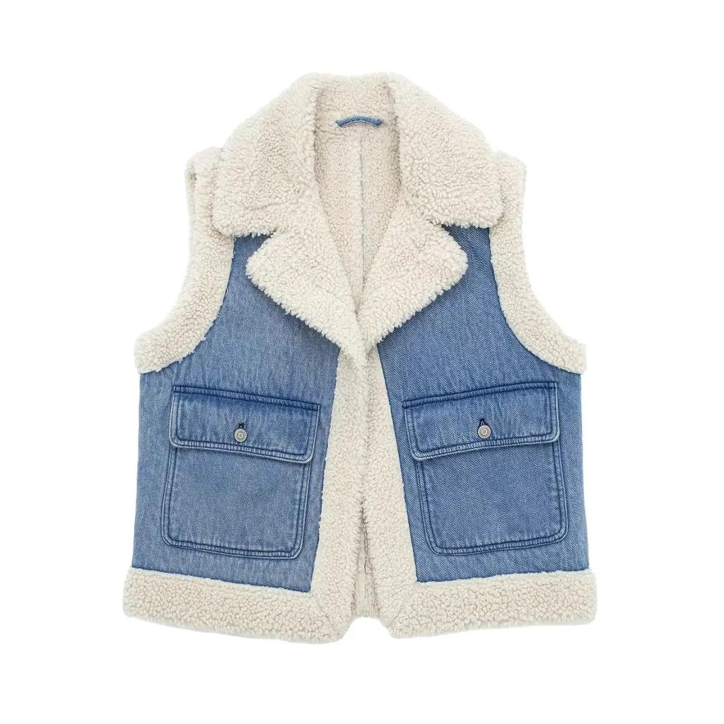 Winter Warm Waistcoat Jacket Women Thick Patchwork Female Vest Autumn Winter Lapel Fleece Pocket Sleeveless Lady Streetwear