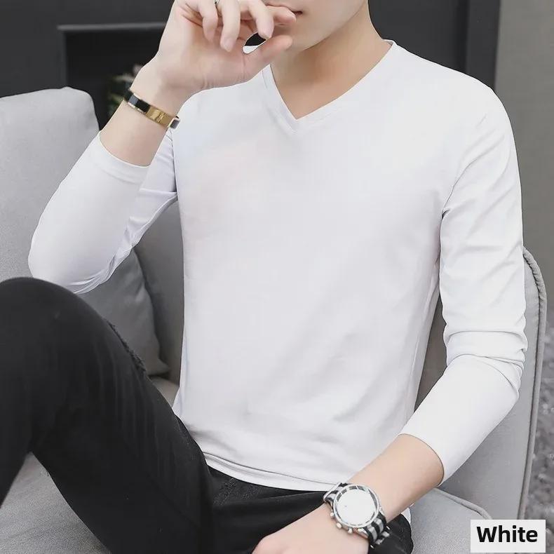Мужская белая базовая футболка с V-образным вырезом и длинным рукавом на осень и зиму