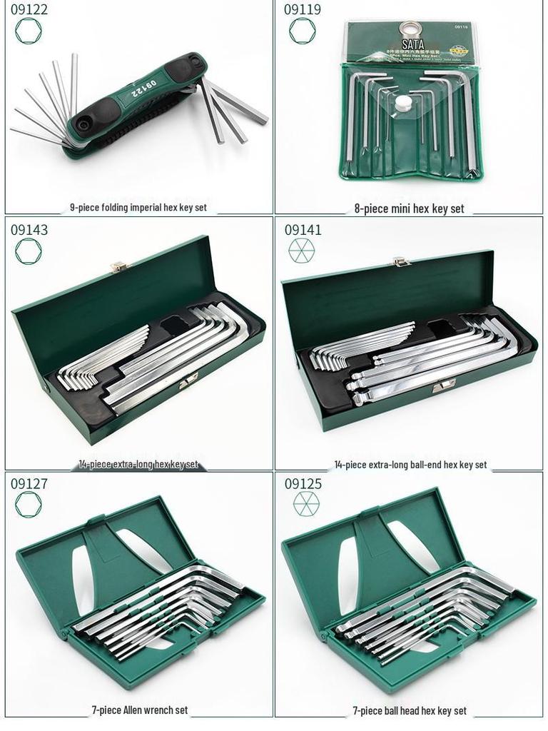 Набор шестигранных ключей - Мини, Удлиненные, Шарообразная и Плоская головка, Доступны в 7, 8, 9, 10, 14 штук (Модель 09105)