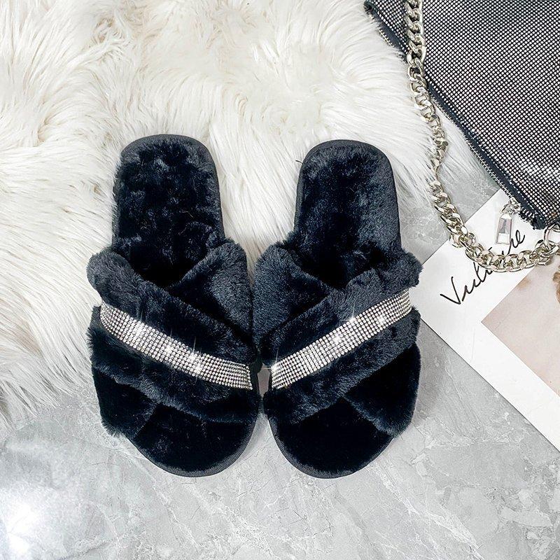 Rhinestone Strips Cross Flat Bottom Fluffy Slippers Women's Autumn and Winter Home Warm Cotton Slippers Comfortable