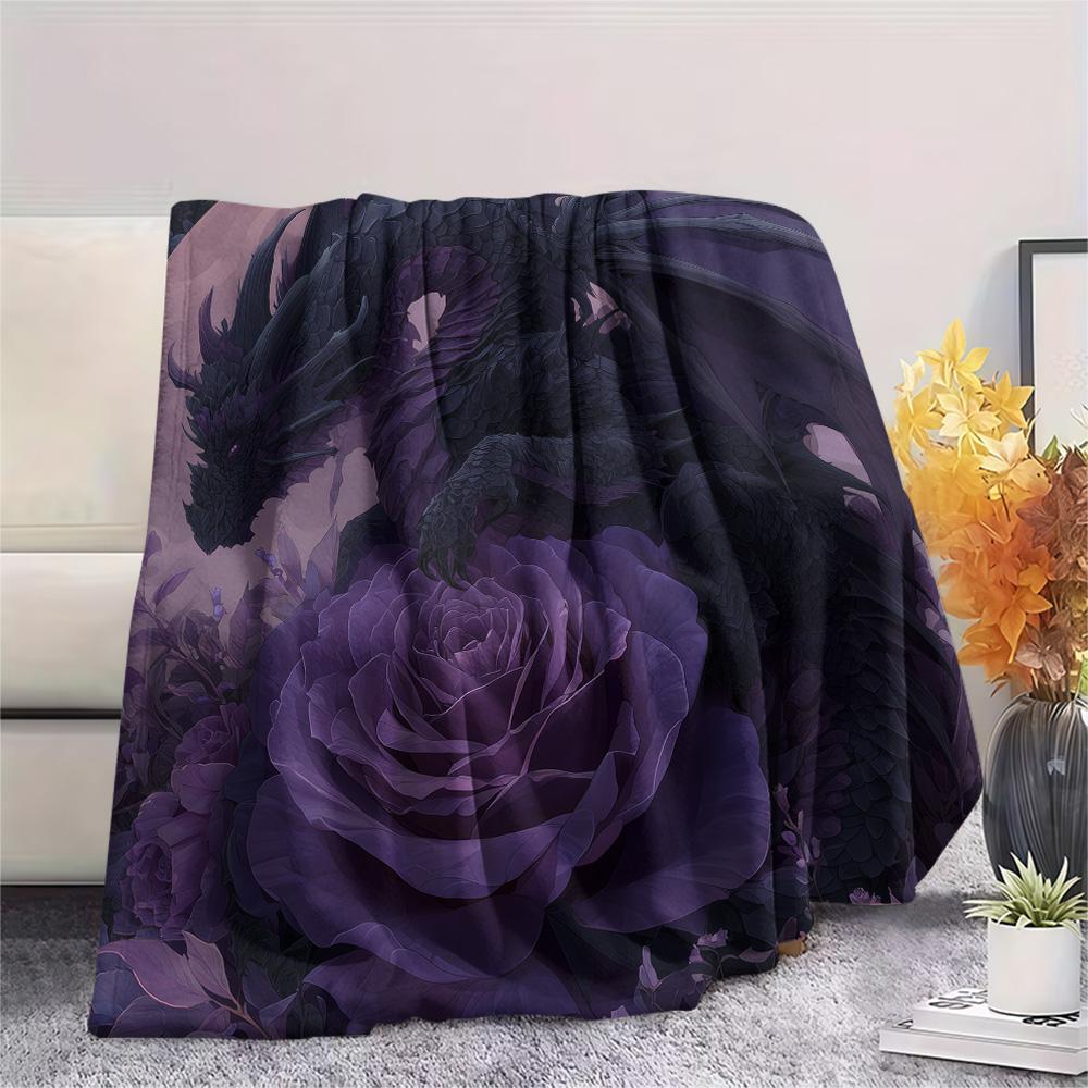 Rose Dragons Print Flannel Blanket, High quality Comfortable for All Seasons, Home Decor, Warmth and Comfort