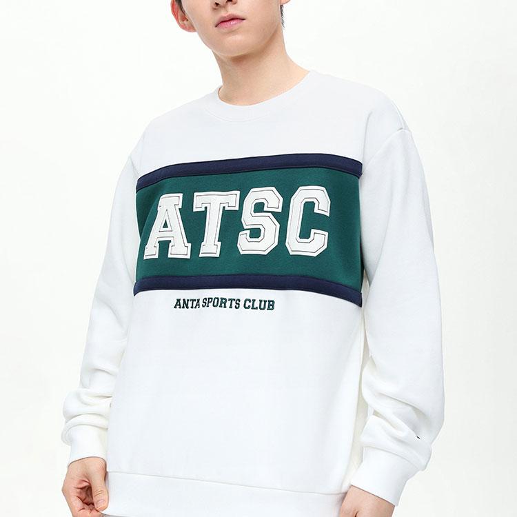 Anta Lifestyle Series Letter Round Neck Pullover Fleece Hoody Men sweatshirt Paper-White 152348706-1