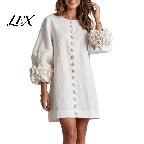 Floral Mini Dress 3D Flowers Long Sleeve for Women, Solid Color Loose Fit Dress, Lantern Casual Short Fall with