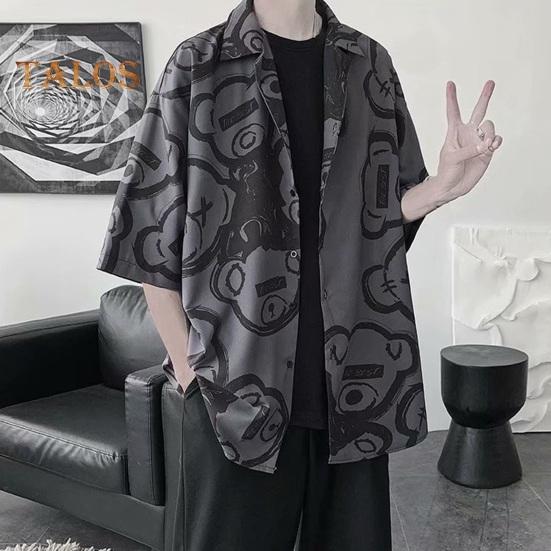 Летняя мужская рубашка из шелка Ice Silk с короткими рукавами, свободная, с принтом, средней длины, на пуговицах, корейский стиль, кардиган для отдыха на пляже