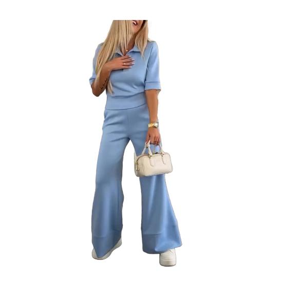 2 шт./компл. Женская повседневная рубашка и брюки, однотонный весенне-летний отложной воротник, короткий рукав, высокая талия, широкие брюки, длинные брюки