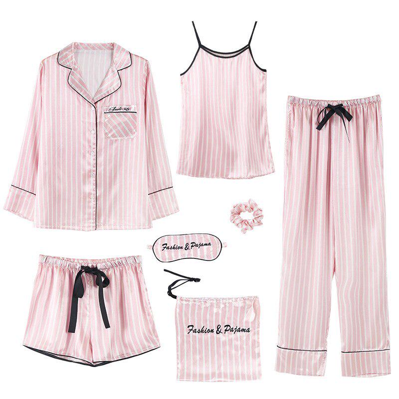 7 Pcs Woman Pajama Set Nightdress+Top+Long Short Pant Set Striped Sexy Female Pajamas